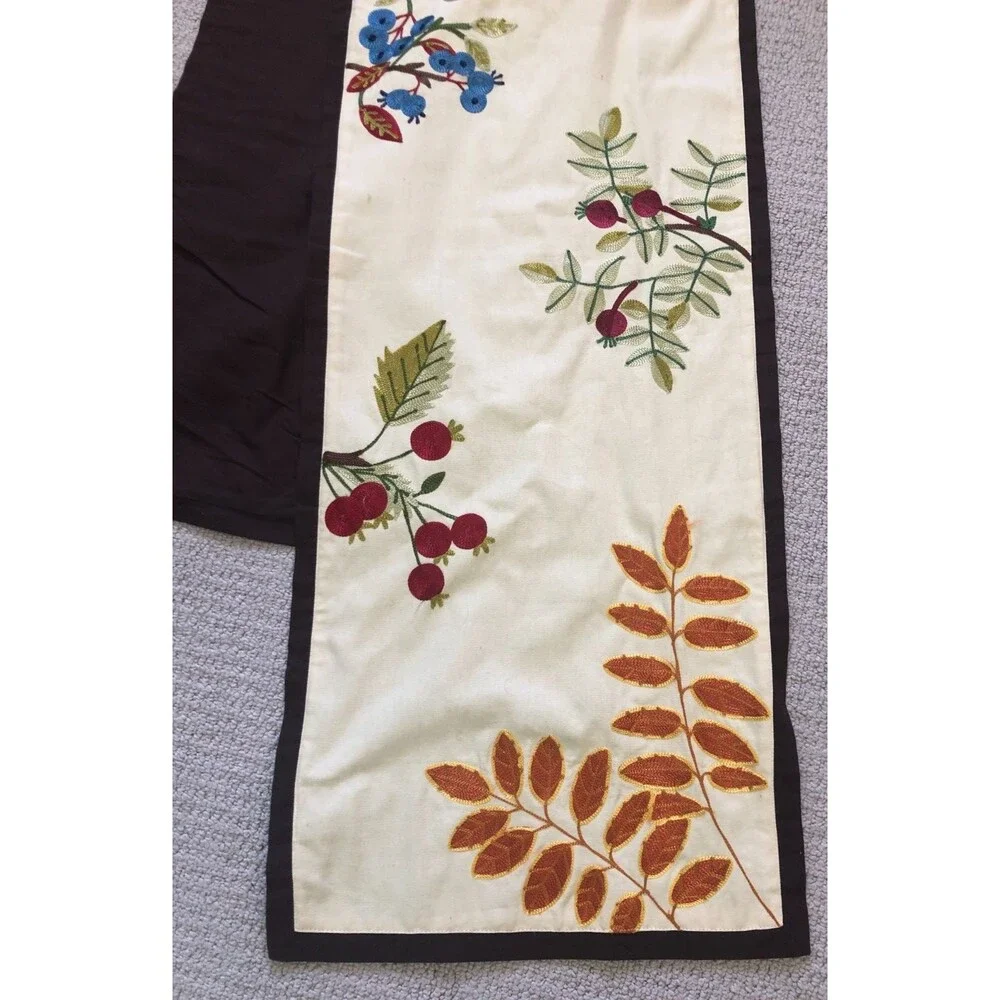 Williams Sonoma Table Runner Embroidered Floral Cotton Beige Brown India 16x90